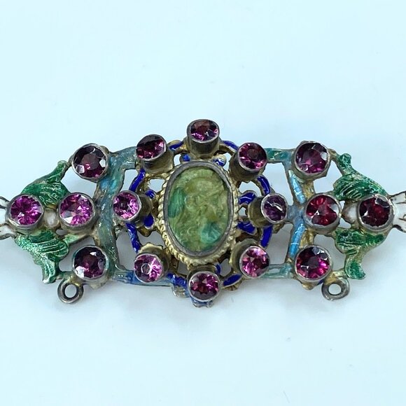 Antique Austro-hungarian silver garnet Amethyst Enamel Cameo brooch 12.5g JR8370